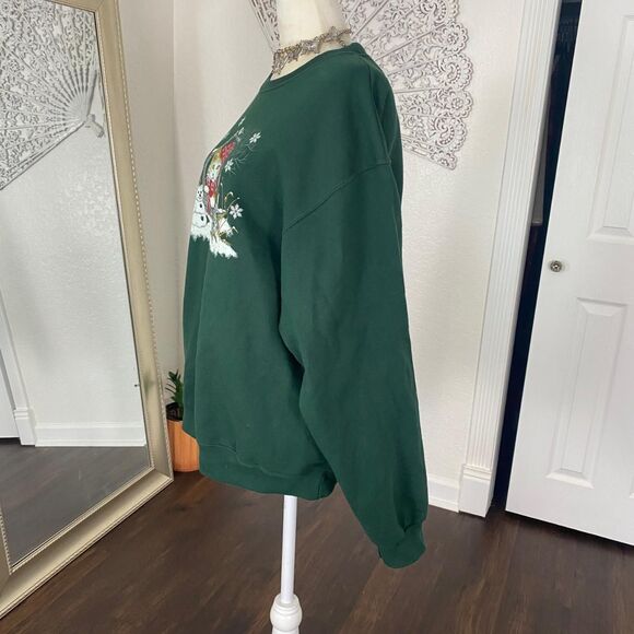 Jerzees VTG Nostalgia Cat Dark Green Christmas Snow Crewneck Sweater M - Picture 5 of 7